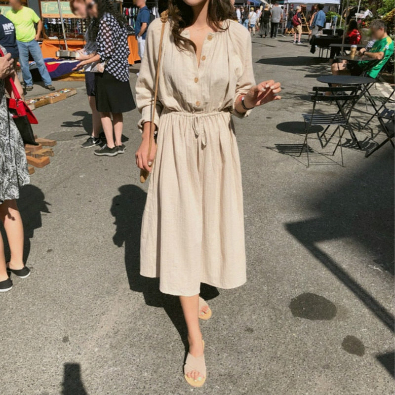 Women's Cotton Drawstring Midi Dress