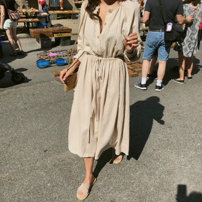 Women's Cotton Drawstring Midi Dress